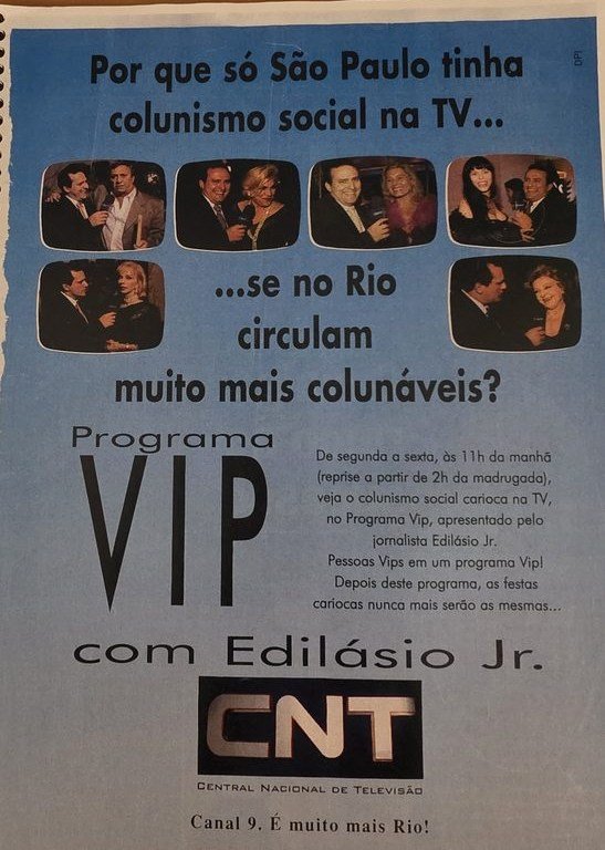 Anúncio institucional da Rede CNT para o Programa VIP, com seis fotos de Edilásio Jr. em reportagem
